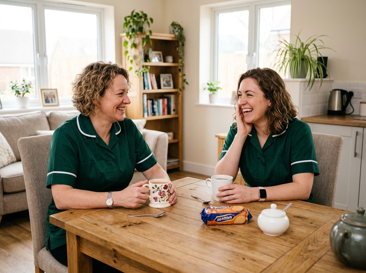 Prime Years Care team sharing a warm moment and cup of tea in the staff lounge