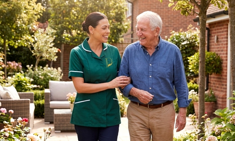 Caregiver walking in sunny garden with elderly client in Chesterfield