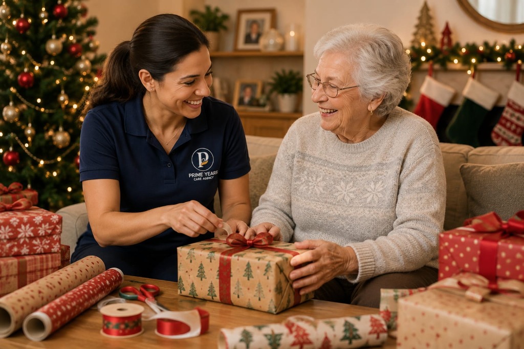 Care assistant wrapping Christmas presents with elderly lady next to Christmas tree