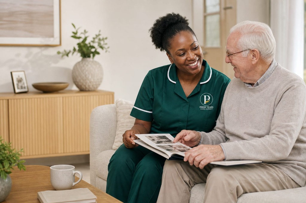 Carer assisting elderly lady with dementia looking at family memory photo book