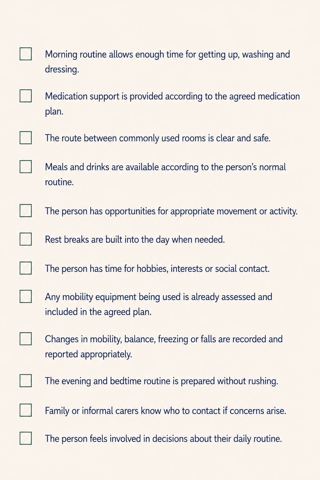 Parkinson's daily routine conversation checklist