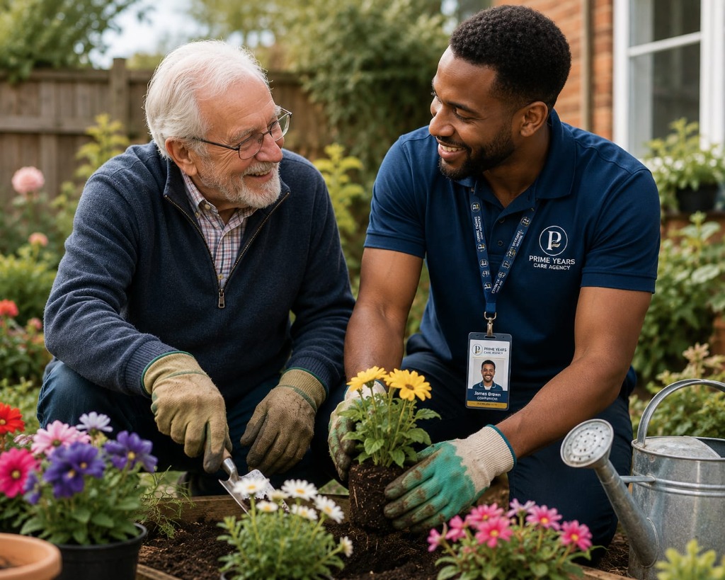 Carer planting flowers in garden with senior client