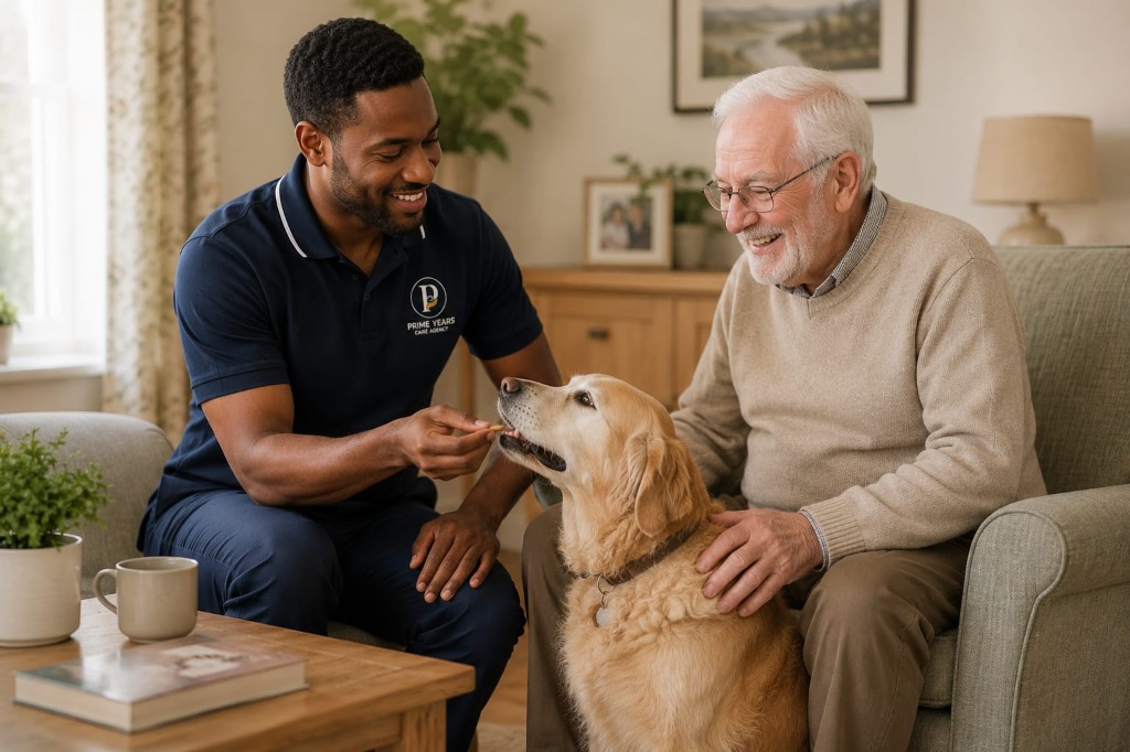 Care assistant giving dog treat alongside happy senior man at home