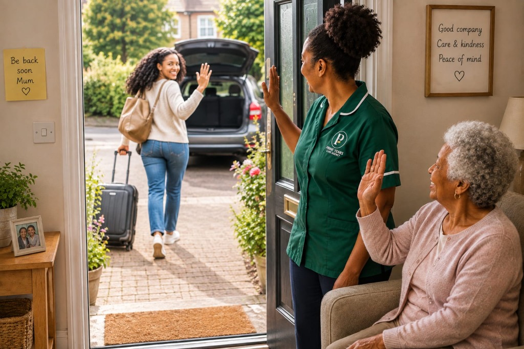 Family member leaving with luggage waving goodbye as Prime Years care assistant and senior lady wave back from home